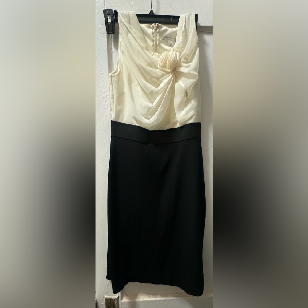 New York & Company Cream and Black Sleeveless Midi Dress with Draped Bodice